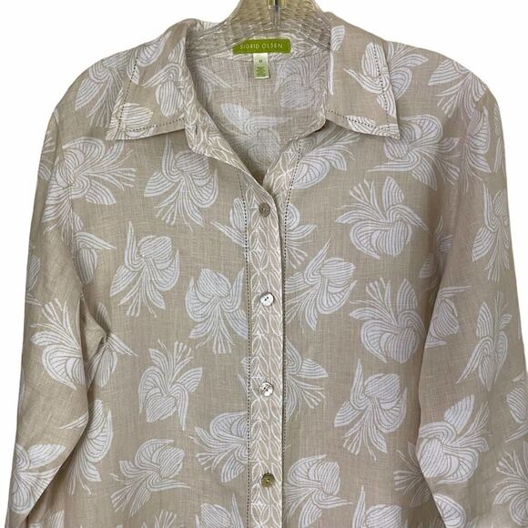 Sigrid Olsen Linen Beige Floral Graphic Shirt M - Picture 2 of 8